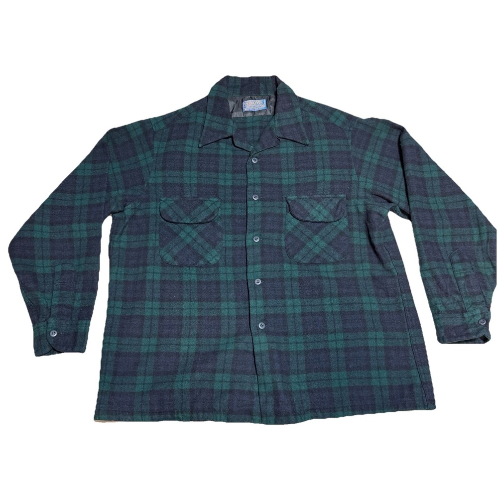 Vintage Pendleton Board Shirt 100% Wool Black Watch Plaid Flannel Loop Collar